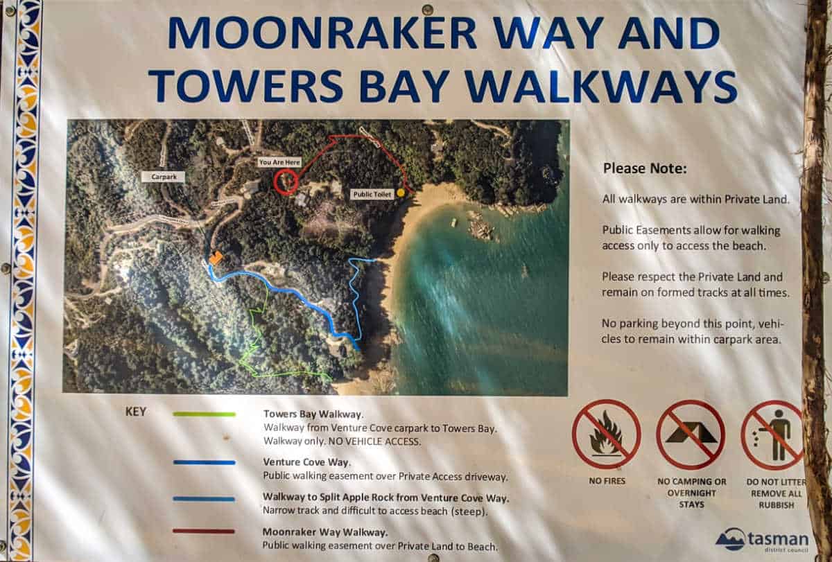 Moonraker Way and Towers Bay Walkways Sign near Split Apple Rock