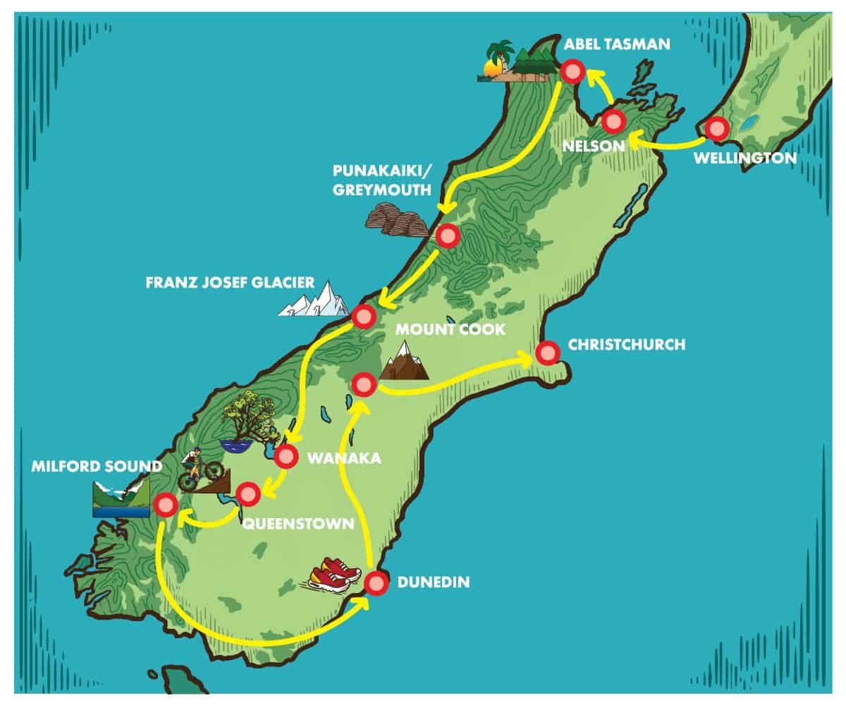 Stylized map popular destinations in the South Island of New Zealand.