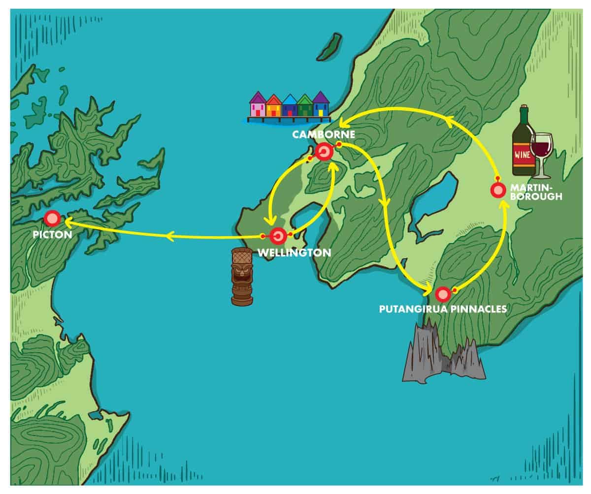 Stylized map popular destinations in the Wellington region.