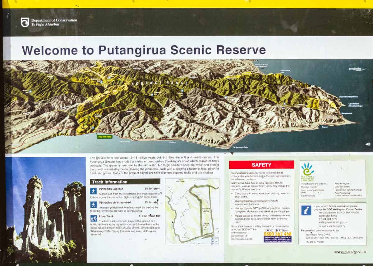 Sign from the Department of Conservation with information on the Putangirua Pinnacles scenic reserve tracks.