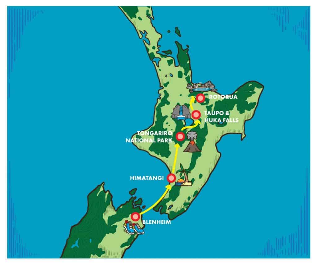 Stylized map popular destinations in the North Island of New Zealand.