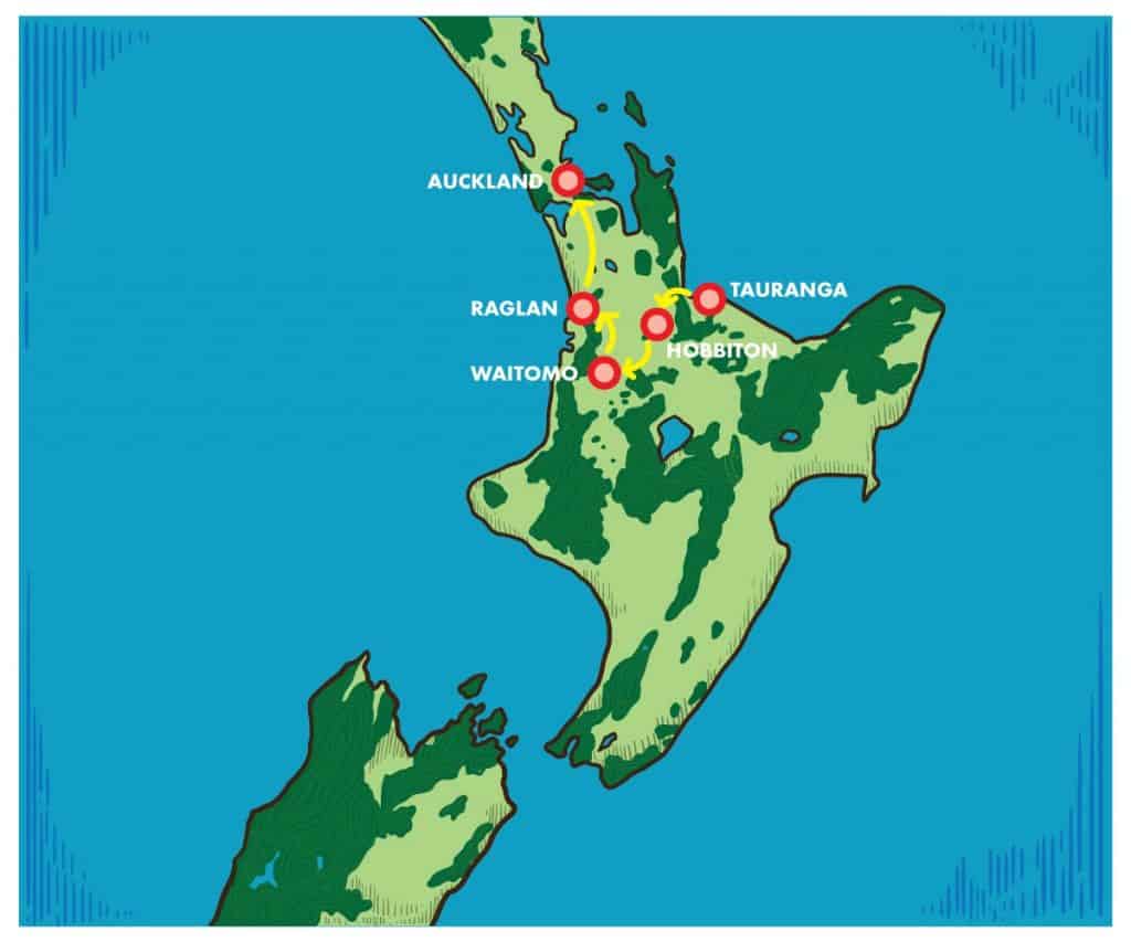 Stylized map popular destinations in the North Island of New Zealand.