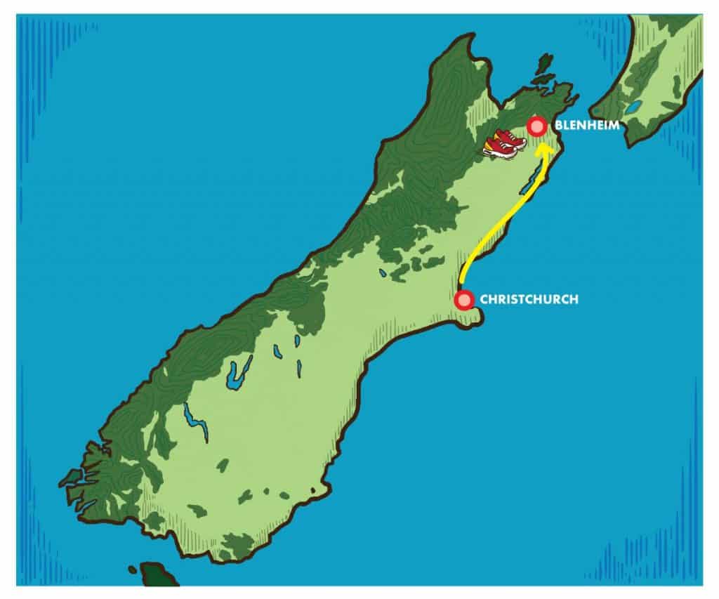 Stylized map popular destinations in the South Island of New Zealand.