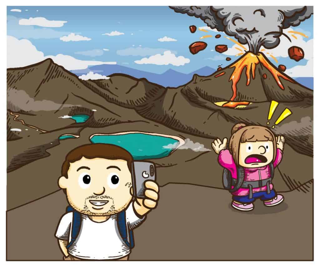 Heidornmännchen running from an erupting Mount Doom during the Tongariro Alpine Crossing