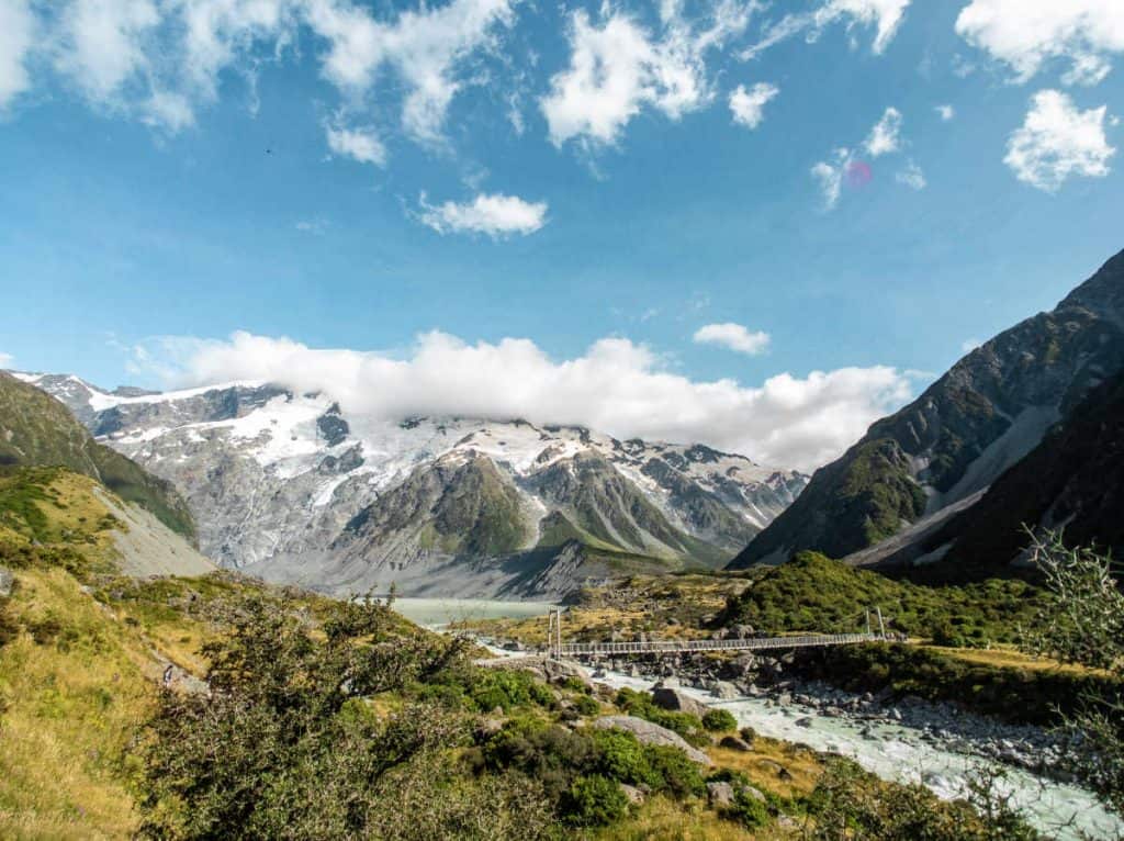 Landscape scenery with hanging bridge along the Hooker Valley Track