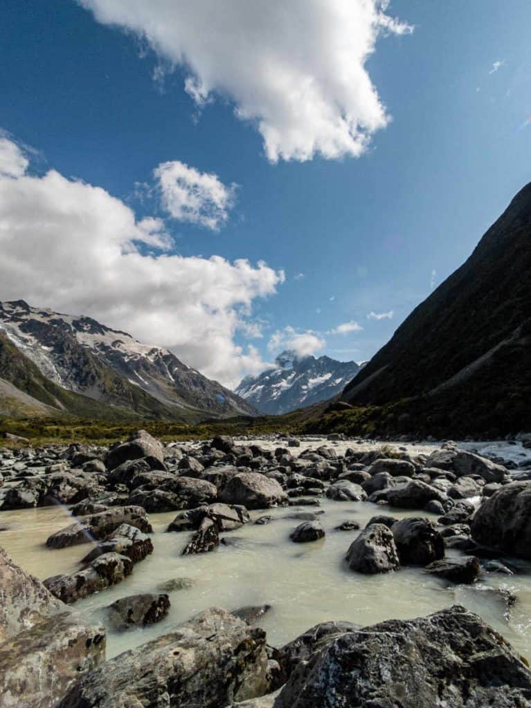 River bed and Mount Cook along the Hooker Valley Track
