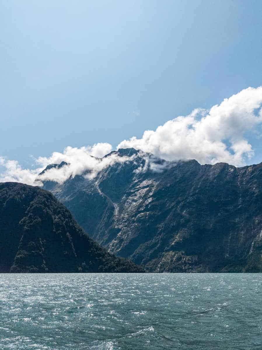 Views of the landscape in Milford Sound on a beautiful sunny day.