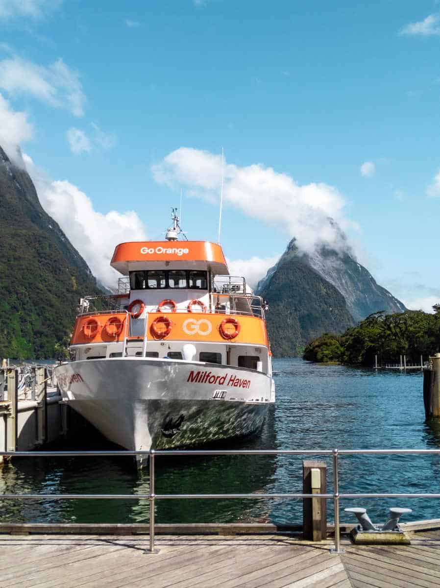 Our boat cruise at the terminal in Milford Sound.